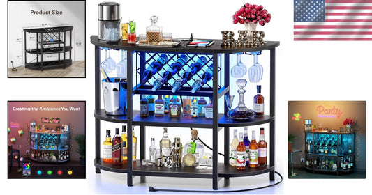 Compact Black Mini Bar Cabinet with RGB Lights and Built-in Charging Station