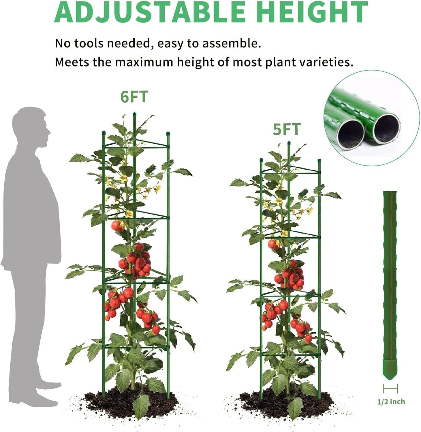 6-Pack 6ft Green Tomato Cages - Durable Support for Climbing Plants & Vegetables