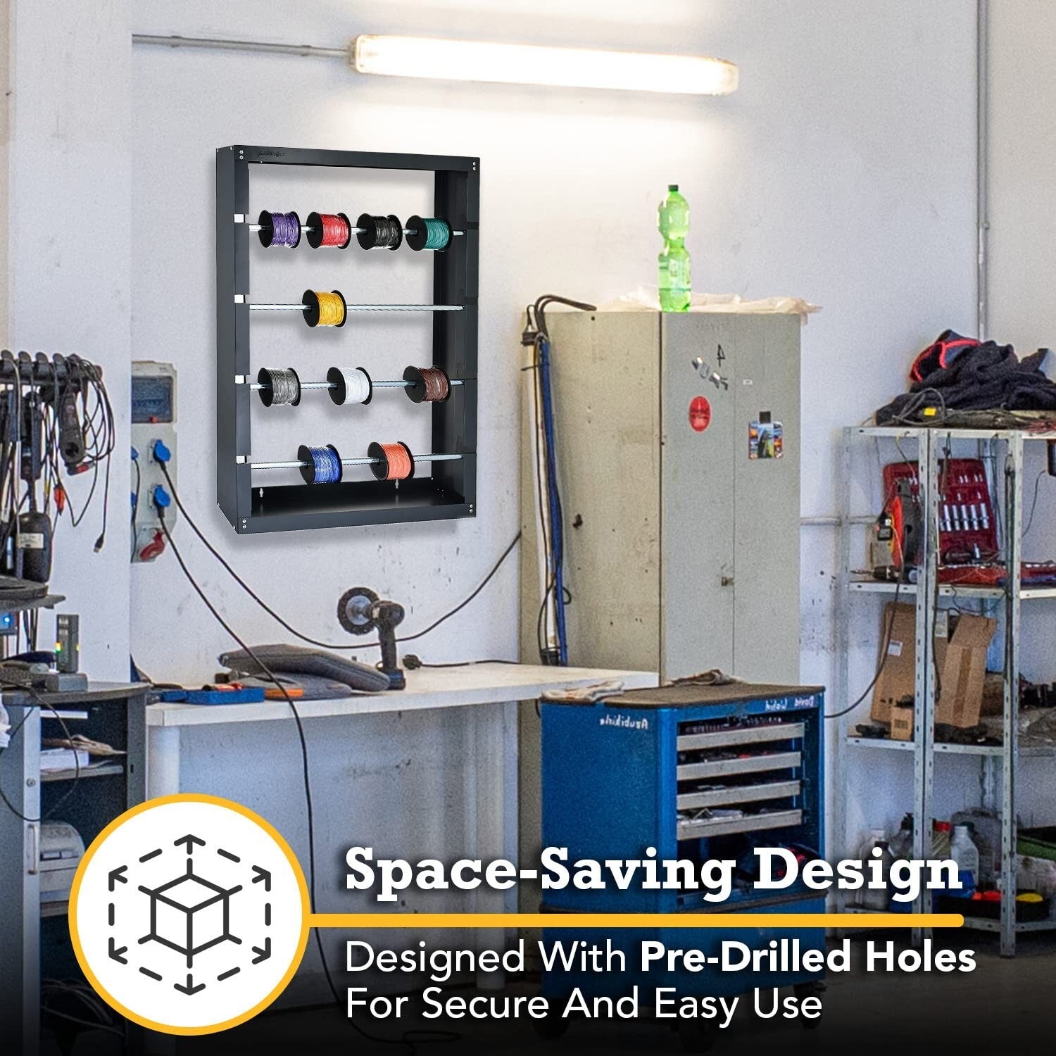 Durable Wire Spool Rack - 4-Rod Cable Dispenser for Industrial Use in Grey