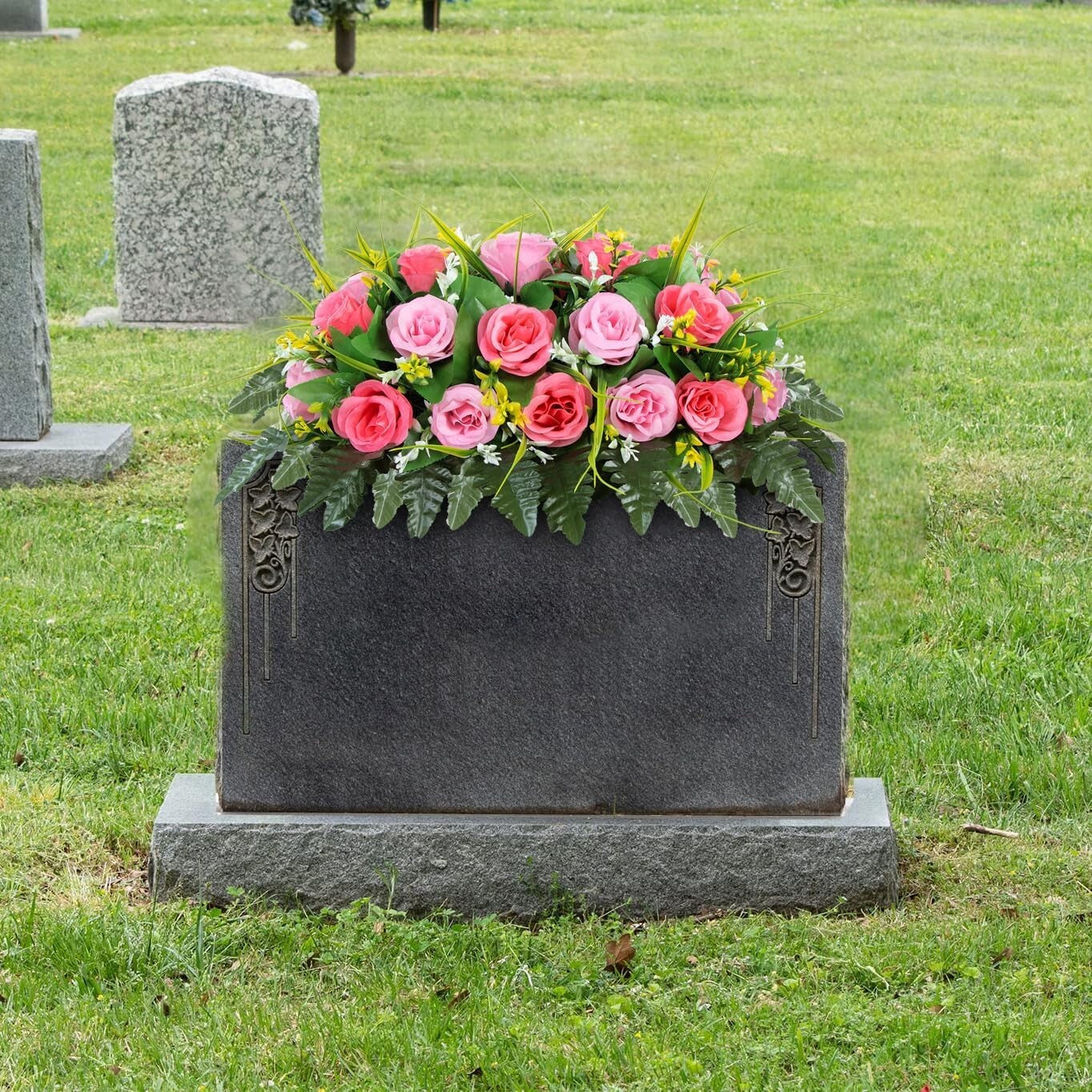 Elegant Rectangular Cemetery Flower Saddle: Lasting Rose Arrangement for Graves