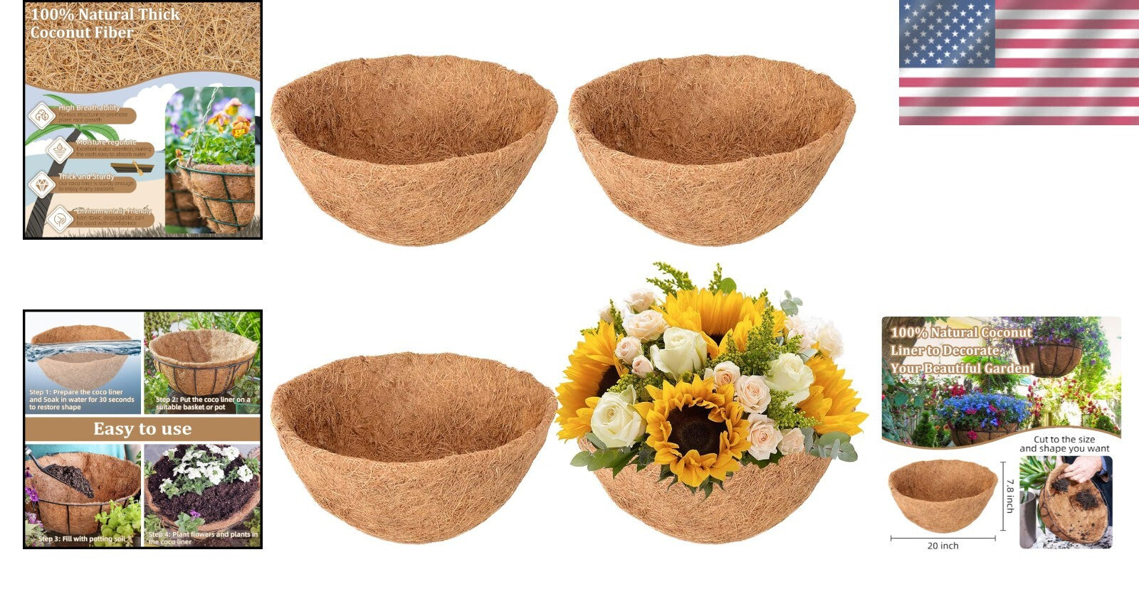 Moisture-Retaining Coconut Coir Liners for 20-Inch Hanging Plants - 4 Pack