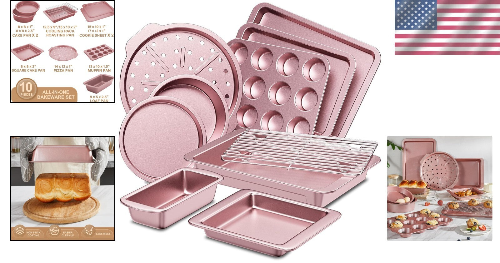 Durable 10-Piece Nonstick Baking Set - Safe, Stylish, and Stackable Pink Design