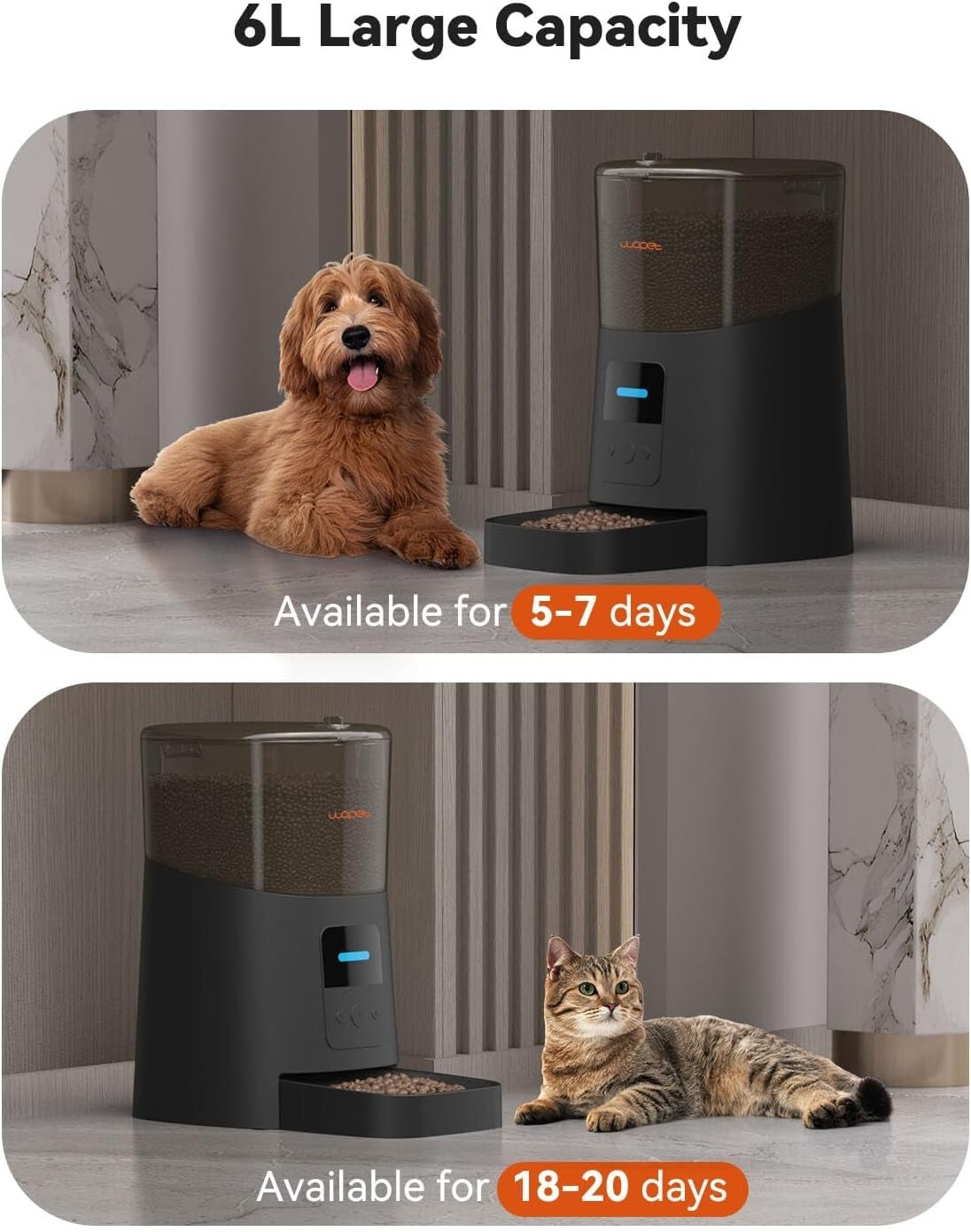 Smart Cat and Dog Feeder - 6L Automatic with Low Food Sensor & 15 Meals/Day