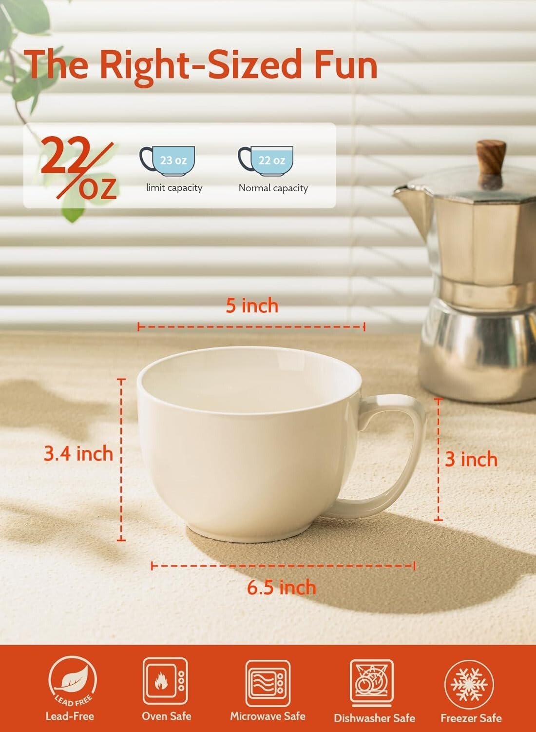 Comfort Grip 22oz Porcelain Mugs Set of 4 - Ideal for Soup, Hot Chocolate & More