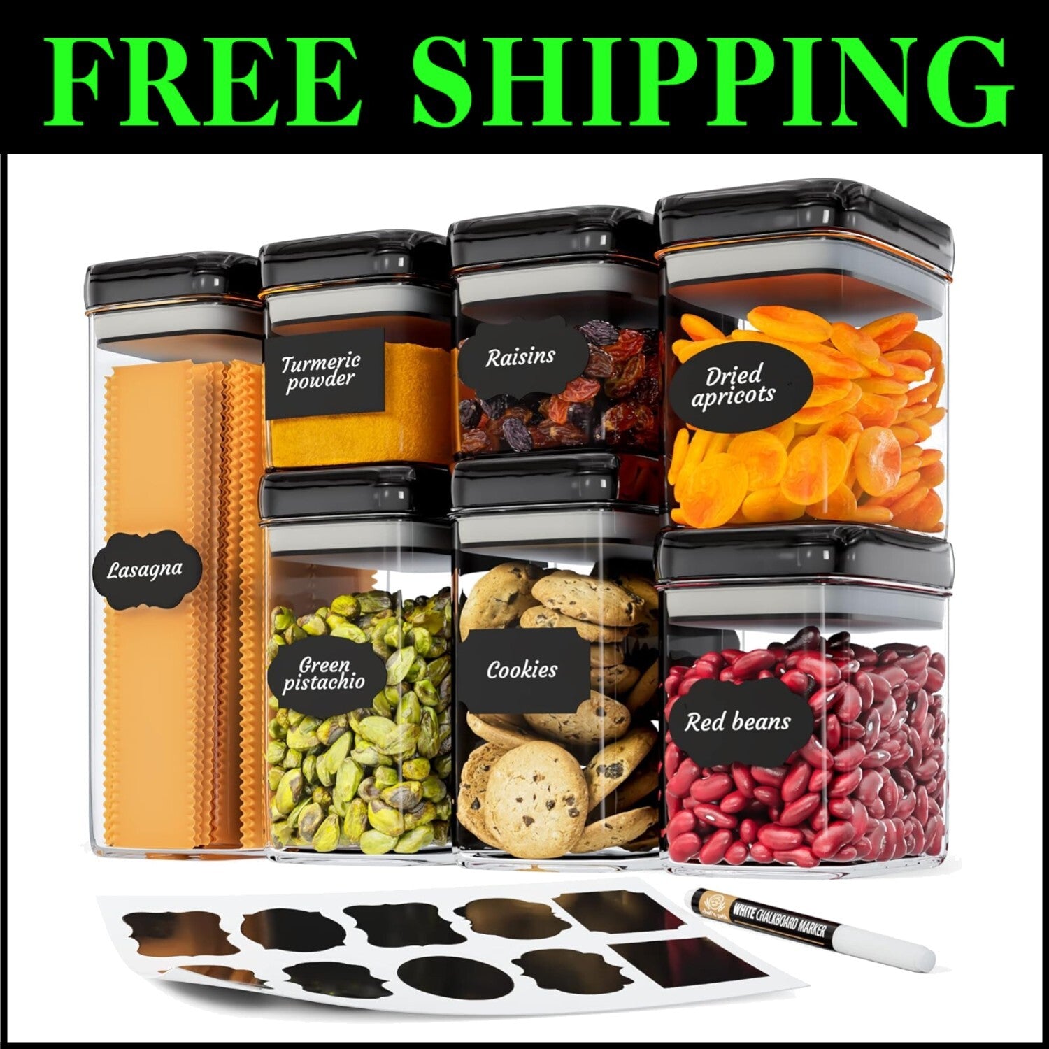 7-Piece Airtight Food Storage Containers Set - Jet Black with Flip Top Lids