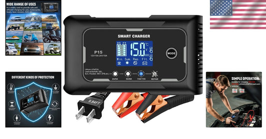 Fully-Automatic 15A Charger for 12V/24V Deep Cycle Batteries with LCD Display