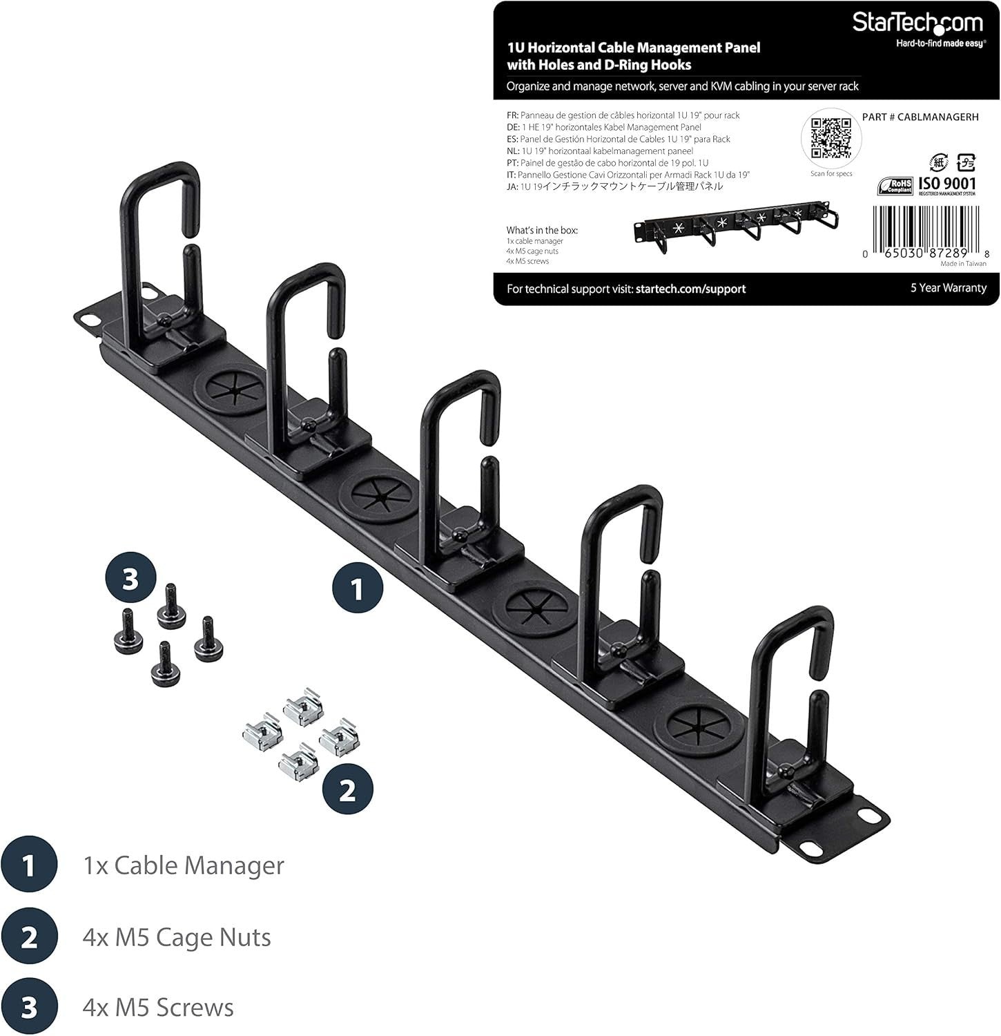 Efficient 1U 19" Cable Organizer: Rack Mount with D-Ring Hooks & Pass-Through