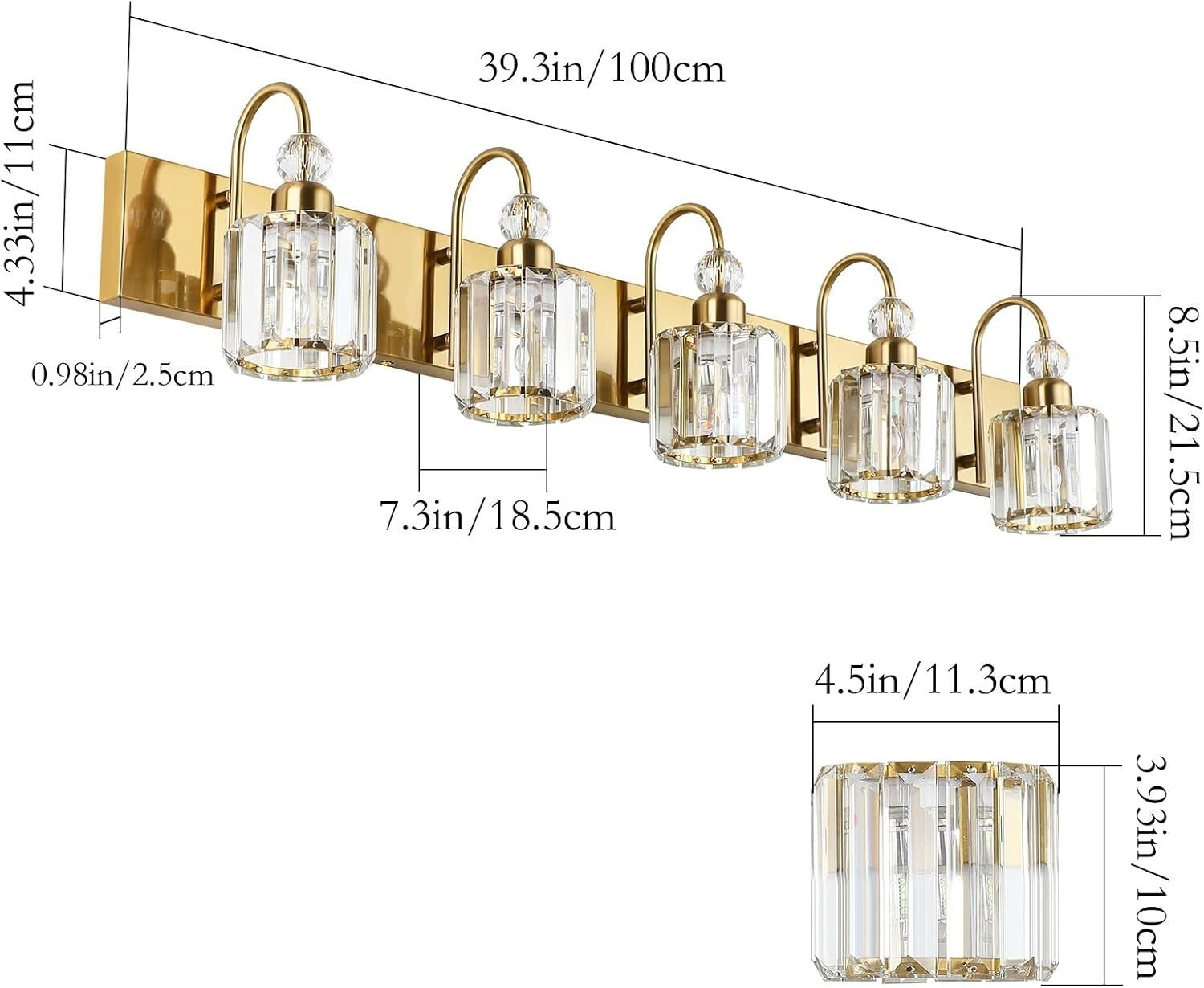 Elegantly Crafted 5-Light Brass Gold Vanity Wall Lighting with Crystal Shades