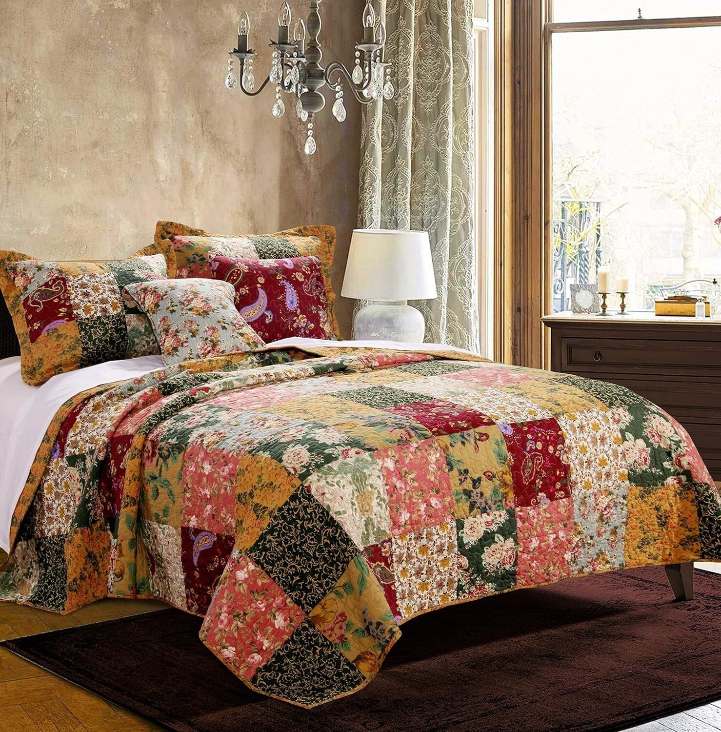 Elegant 3-Piece Full/Queen Cotton Patchwork Quilt Set - Natural Floral Design
