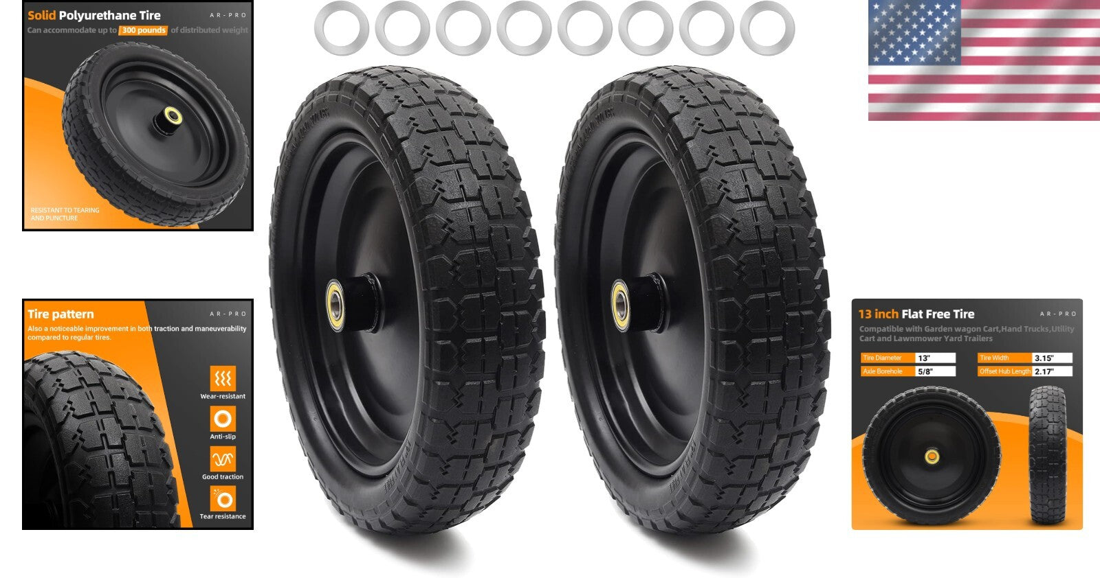 13" Flat-Free Tire & Wheel Set - Durable Replacement for Lawn & Utility Trailers