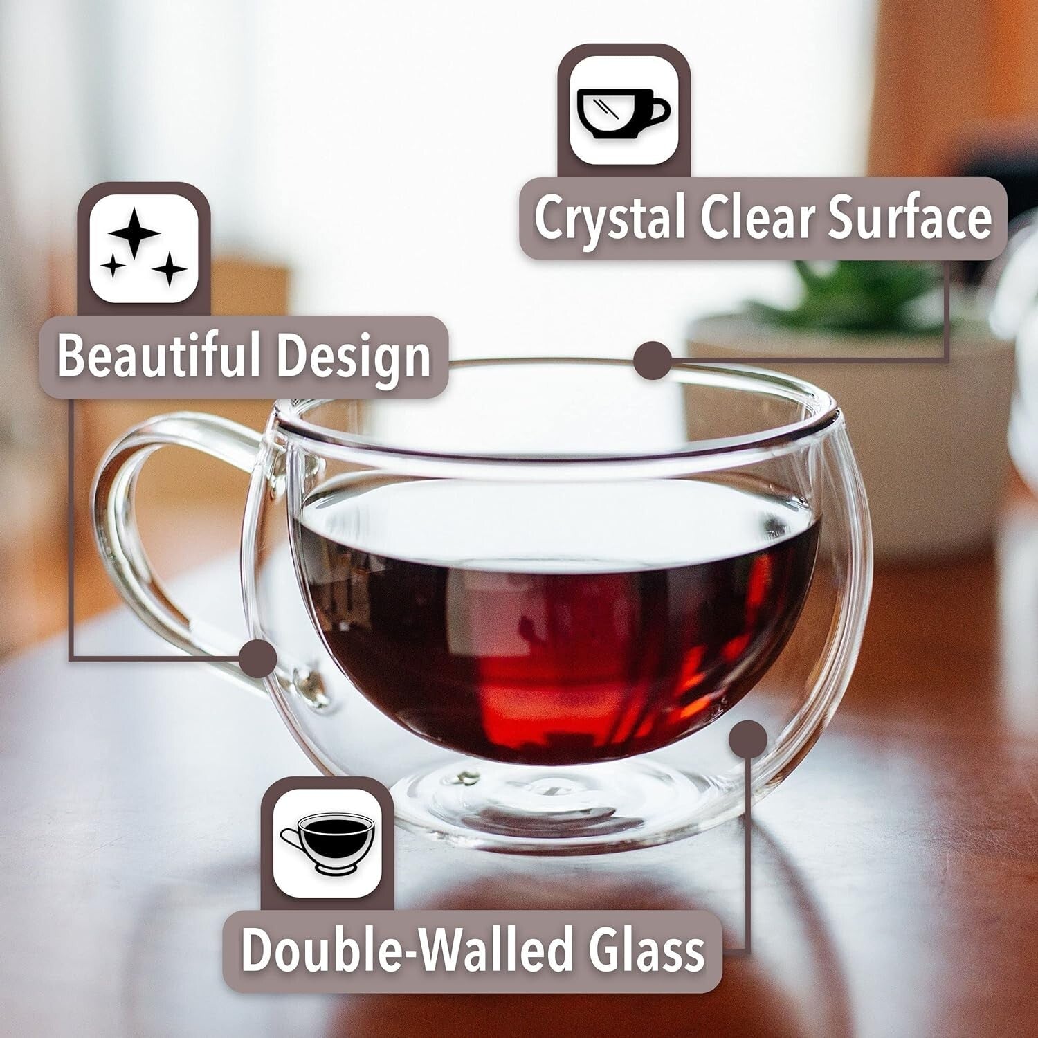 Borosilicate Double Wall Coffee Mugs - 9 oz Modern Design for Hot or Cold Drinks
