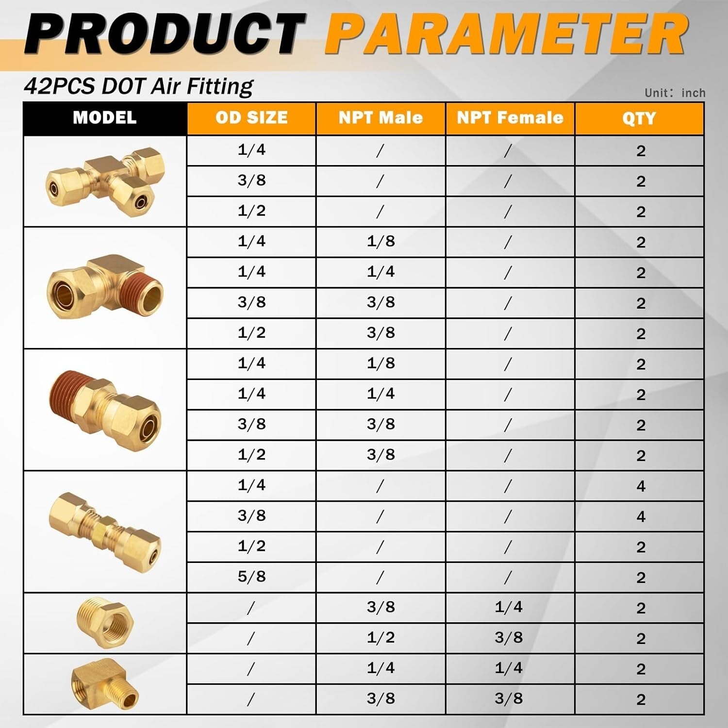Brass Air Brake Fittings Assortment - 42 Piece Kit for Truck & Industrial Use