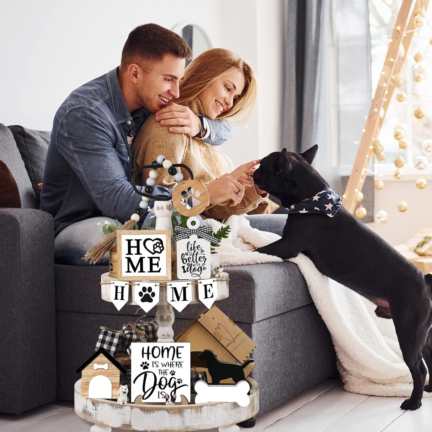 Sturdy Rustic Wooden Tiered Tray Decor with Personalized Dog-Themed Accessories