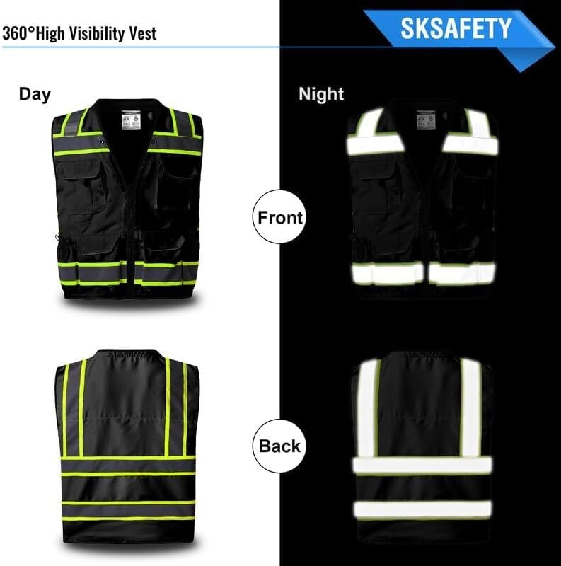 12 Pocket High Visibility Safety Vest - Class 2 ANSI Compliant for Professionals