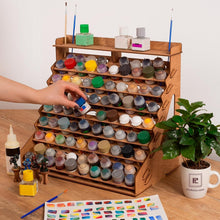 Load image into Gallery viewer, Wooden Paint Organizer for 87 Bottles &amp; 14 Brushes - Ideal for Miniature Artists