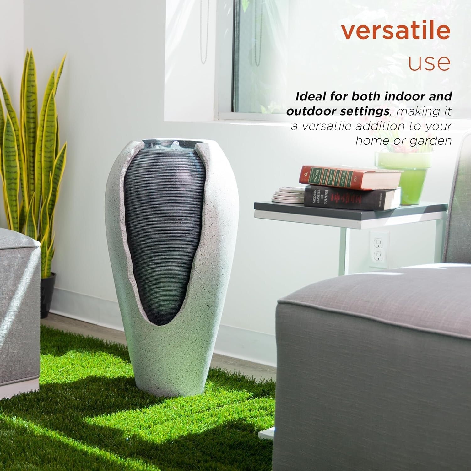 Versatile 29" LED Illuminated Ribbed Jar Fountain for Indoor/Outdoor Relaxation