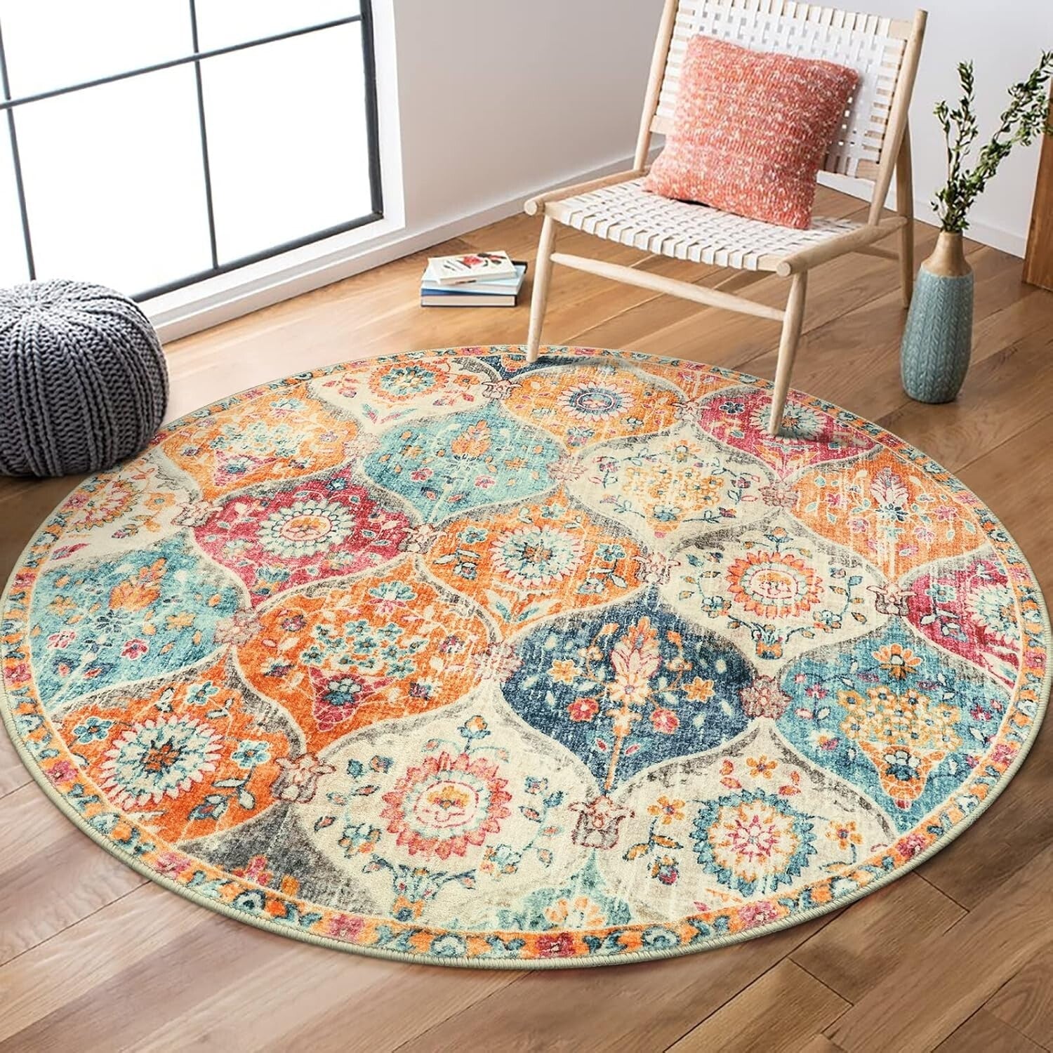 Washable Ultra-Thin Round Rug - 4ft Non-Slip Floral Carpet for Entryway & Home