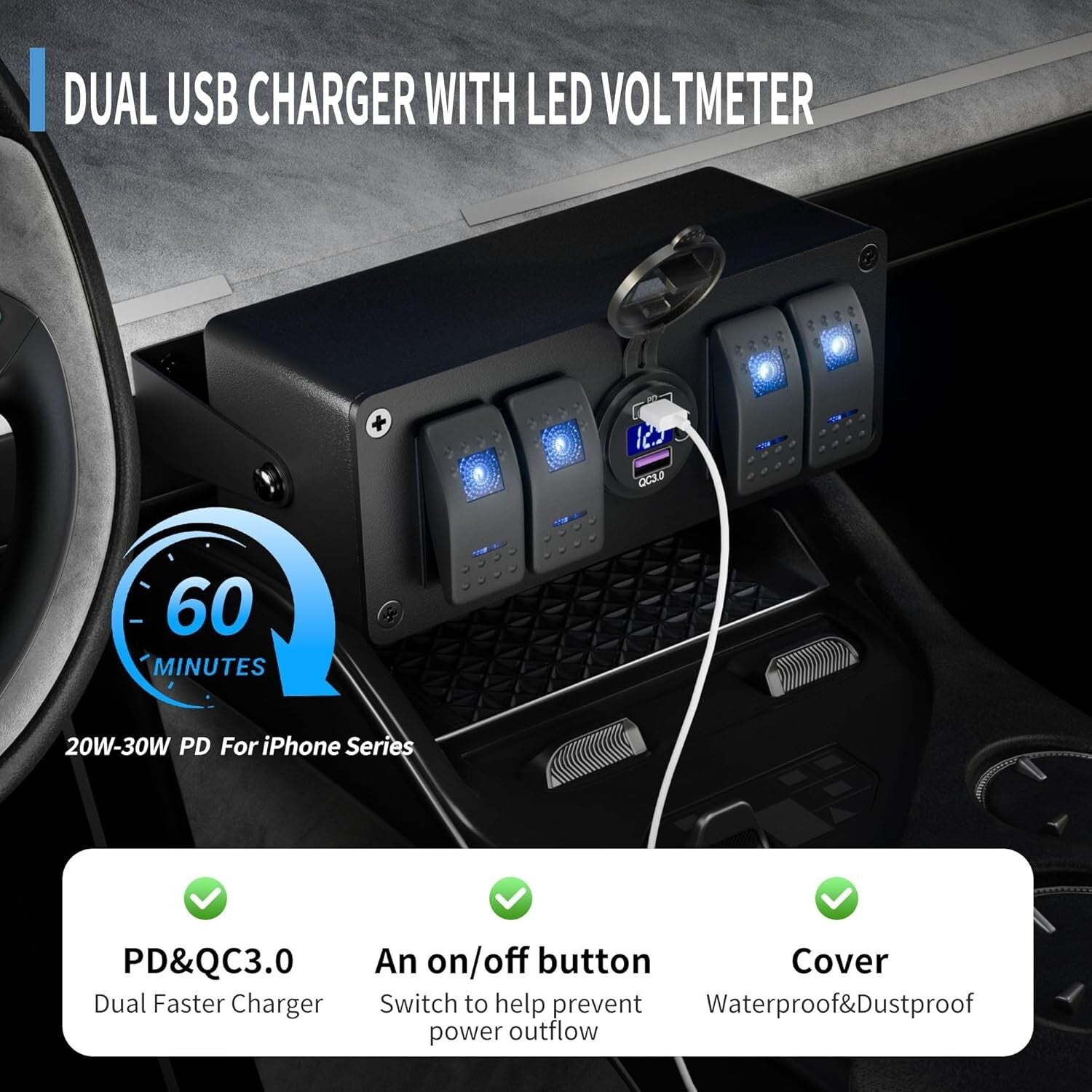 Durable Marine 4 Gang Switch Box with Built-in LED Voltmeter & Adjustable Mount