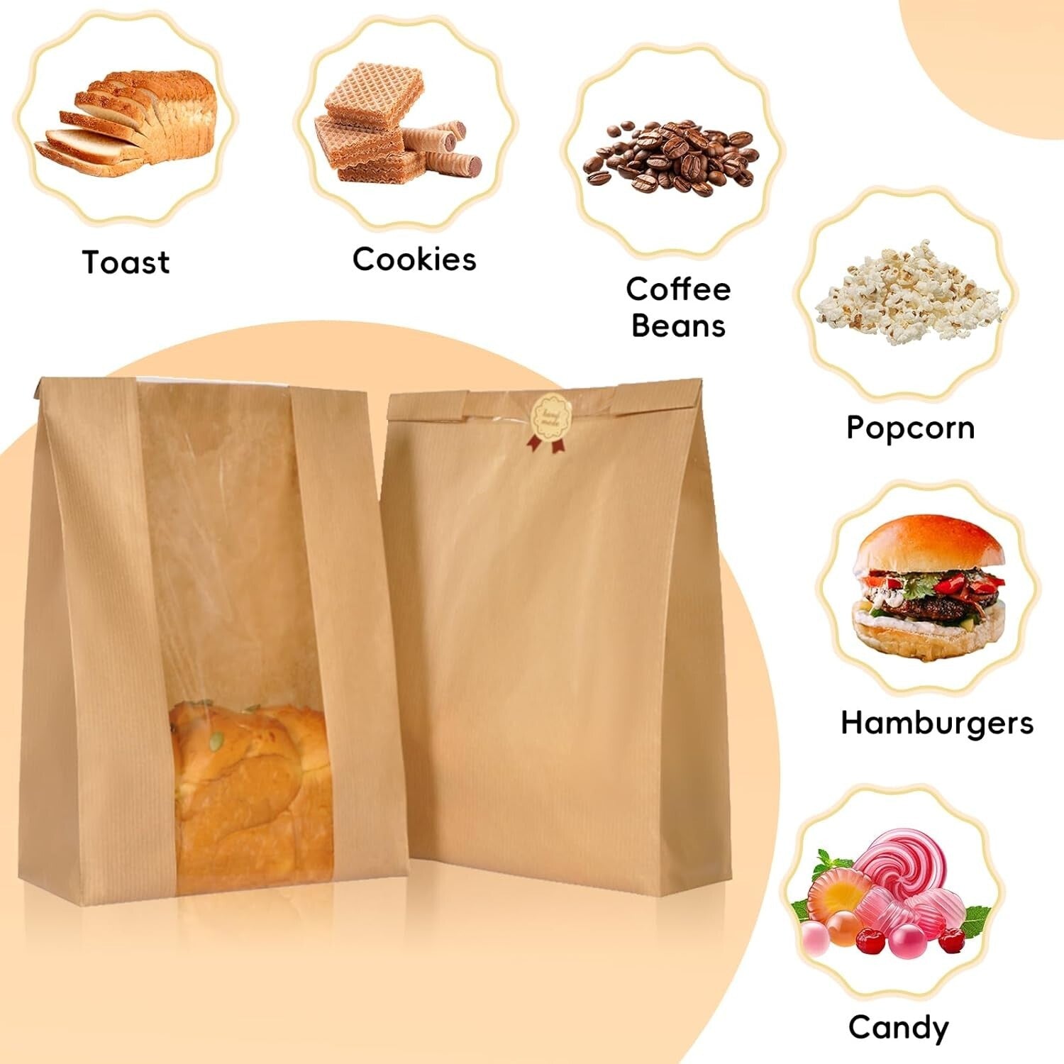 Elegant Kraft Paper Bread Bags with Window - 200 Bags & 410 Stickers Included