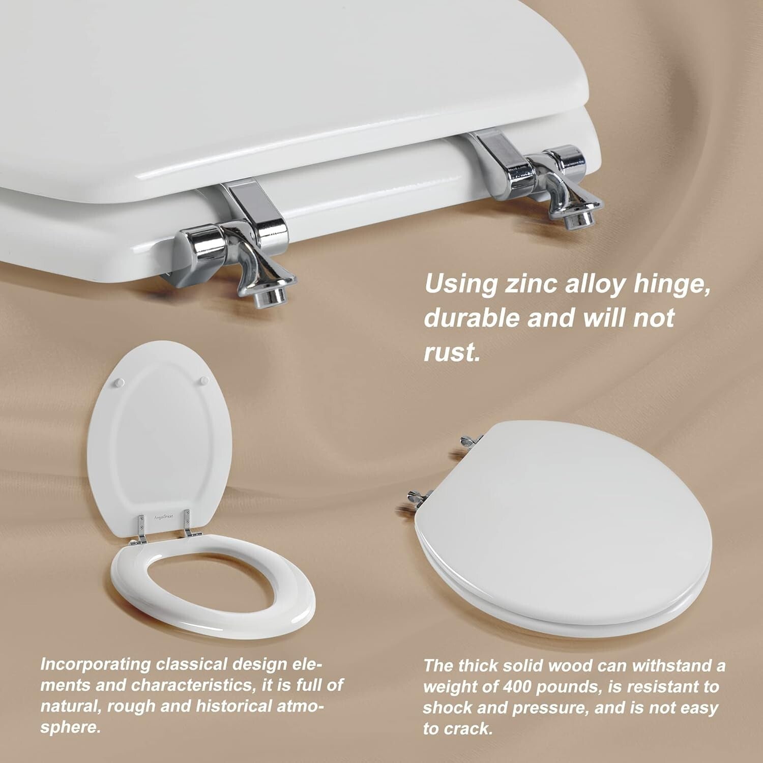 Elegant Elongated White Toilet Seat in Durable Natural Wood with Zinc Hinges