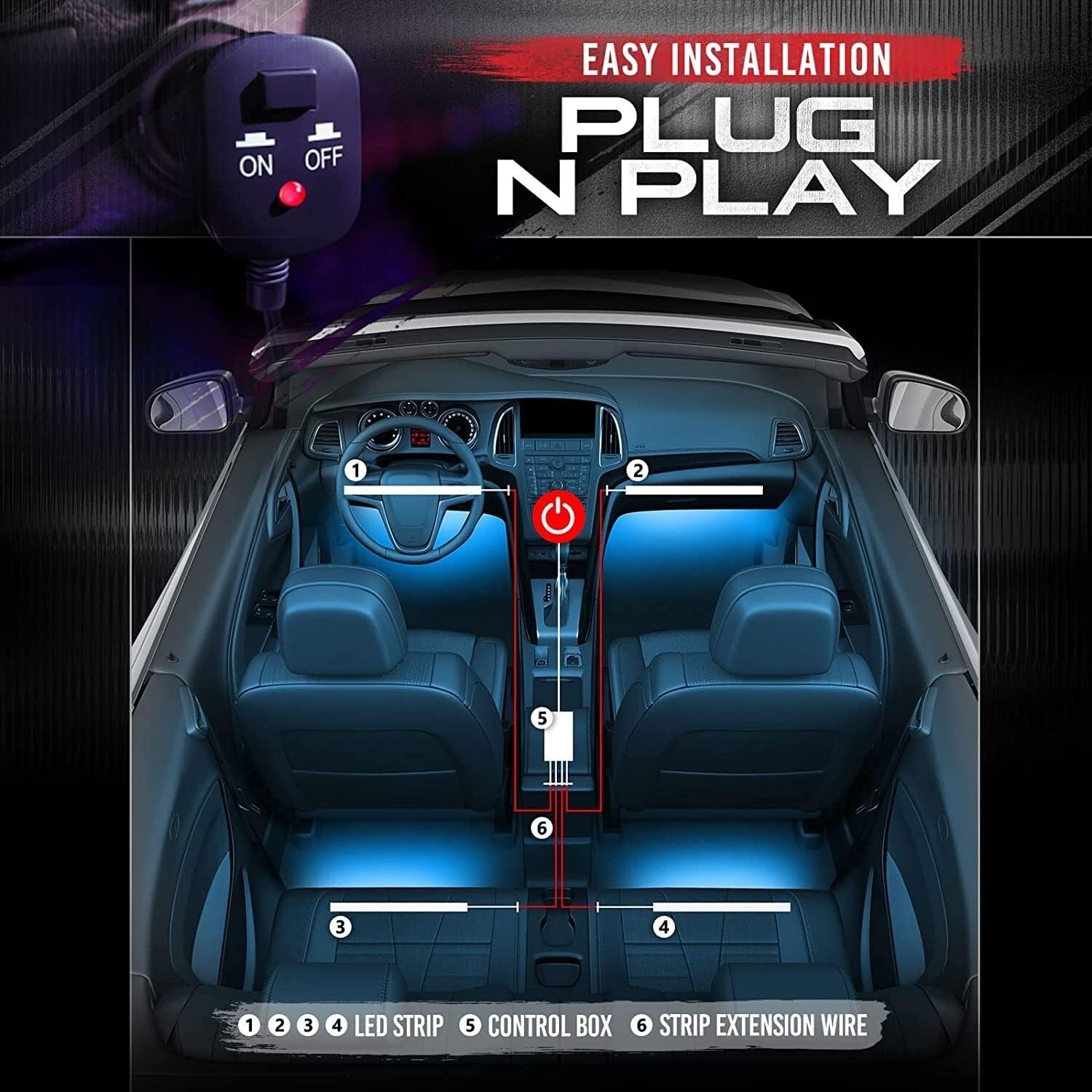 Flexible & Durable Interior Car LED Lights - 6pc with Remote Control & Charger