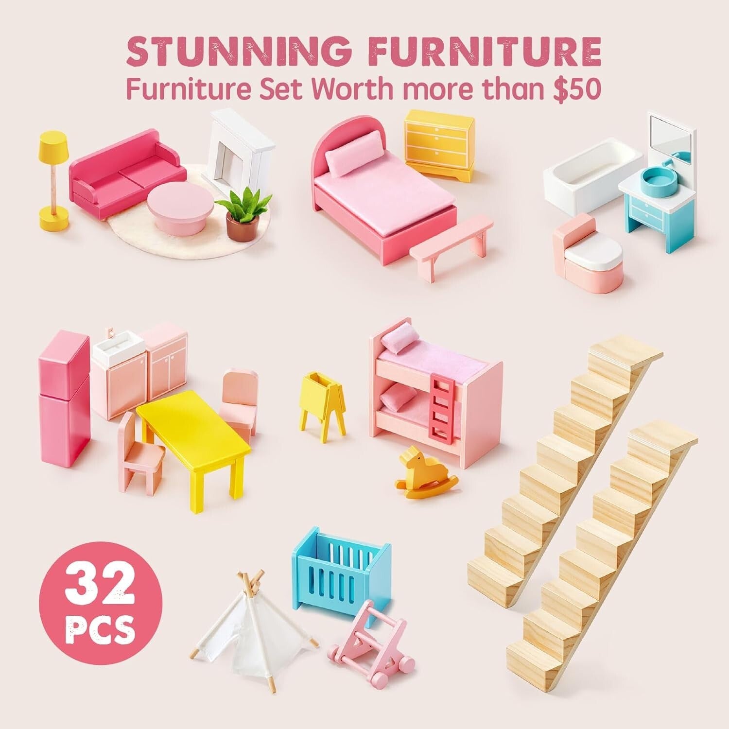 Durable 3-Story Wooden Dollhouse with Modern Furniture for Imaginative Girls