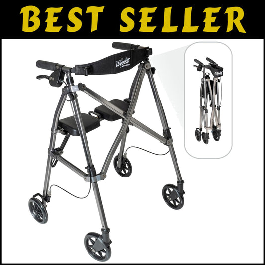 EZ Fold-N-Go Rollator: 14.5 lbs Folding Walker with Locking Brakes, Black Walnut