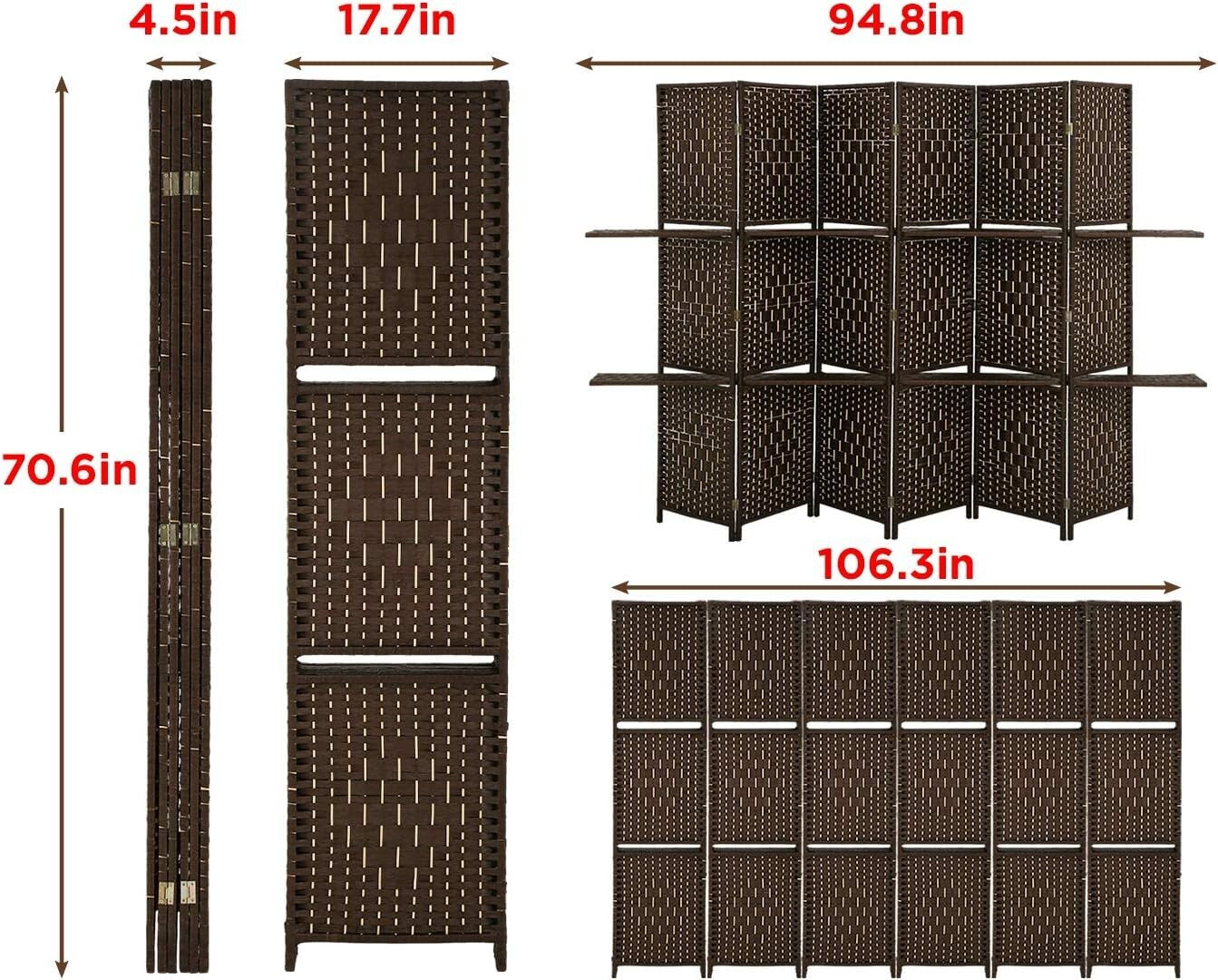Elegant Brown Room Screen Divider - Foldable Privacy Partition with 6 Panels