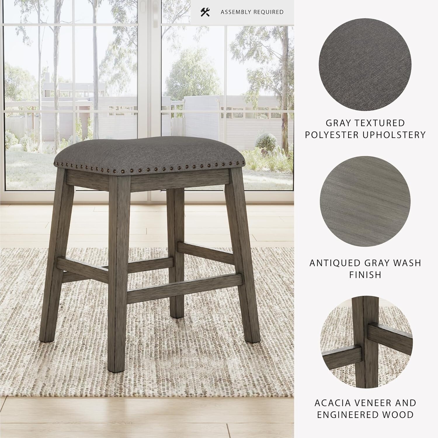 Caitbrook Rustic Gray Counter Height Upholstered Barstools - Set of 2