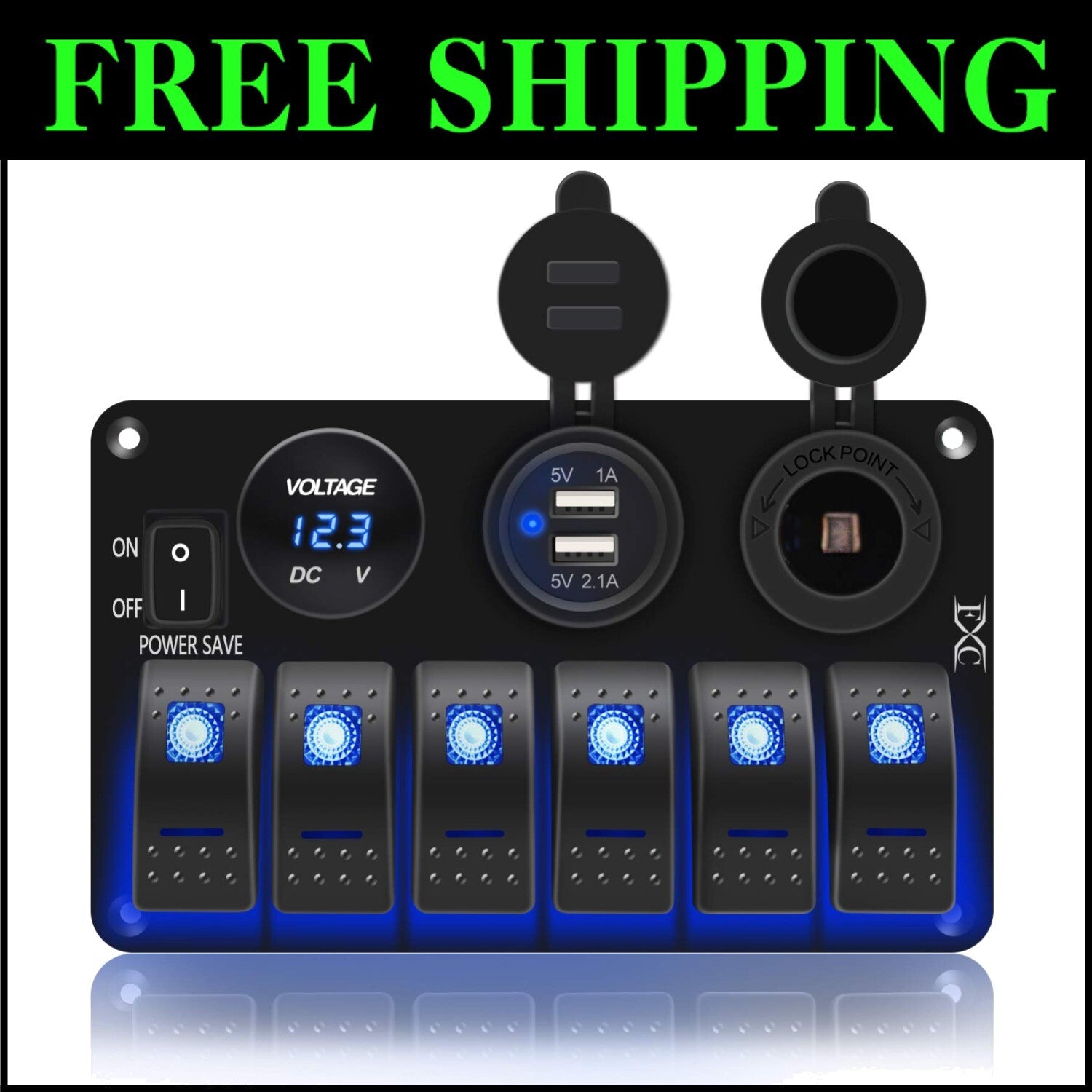 Versatile Marine Rocker Switch Panel - 6 Gang with USB, Voltmeter & Power Saving