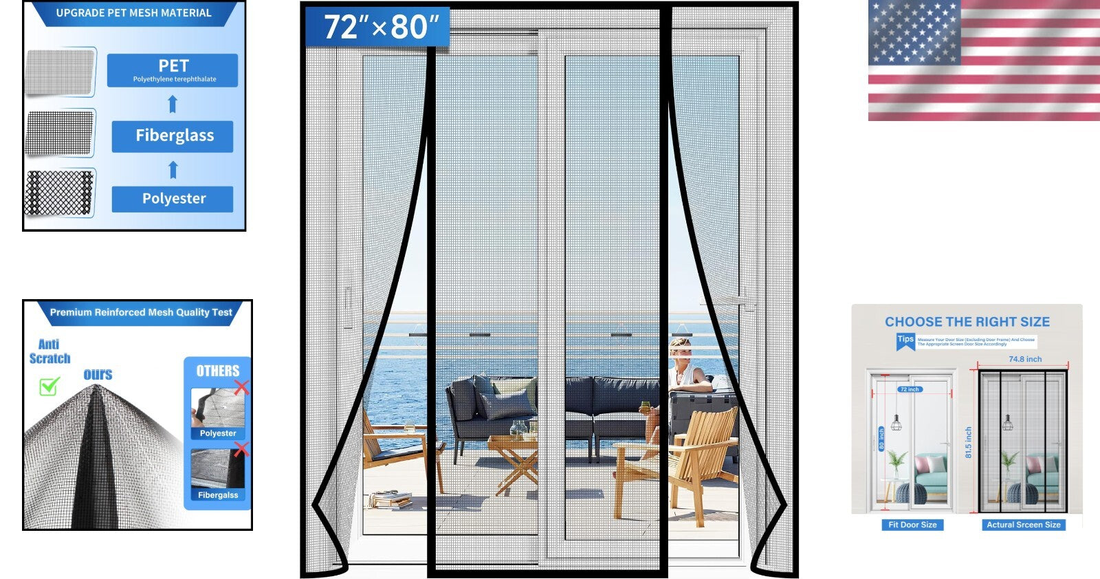 Third-Gen PET Magnetic Screen Door - Kid & Pet Friendly, Keeps Bugs Out 72x80