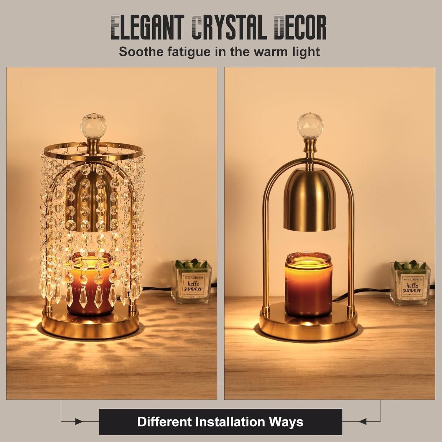 Candle Warmer with Timer & 2 Bulbs - Stylish Gold Crystal Decor for Home