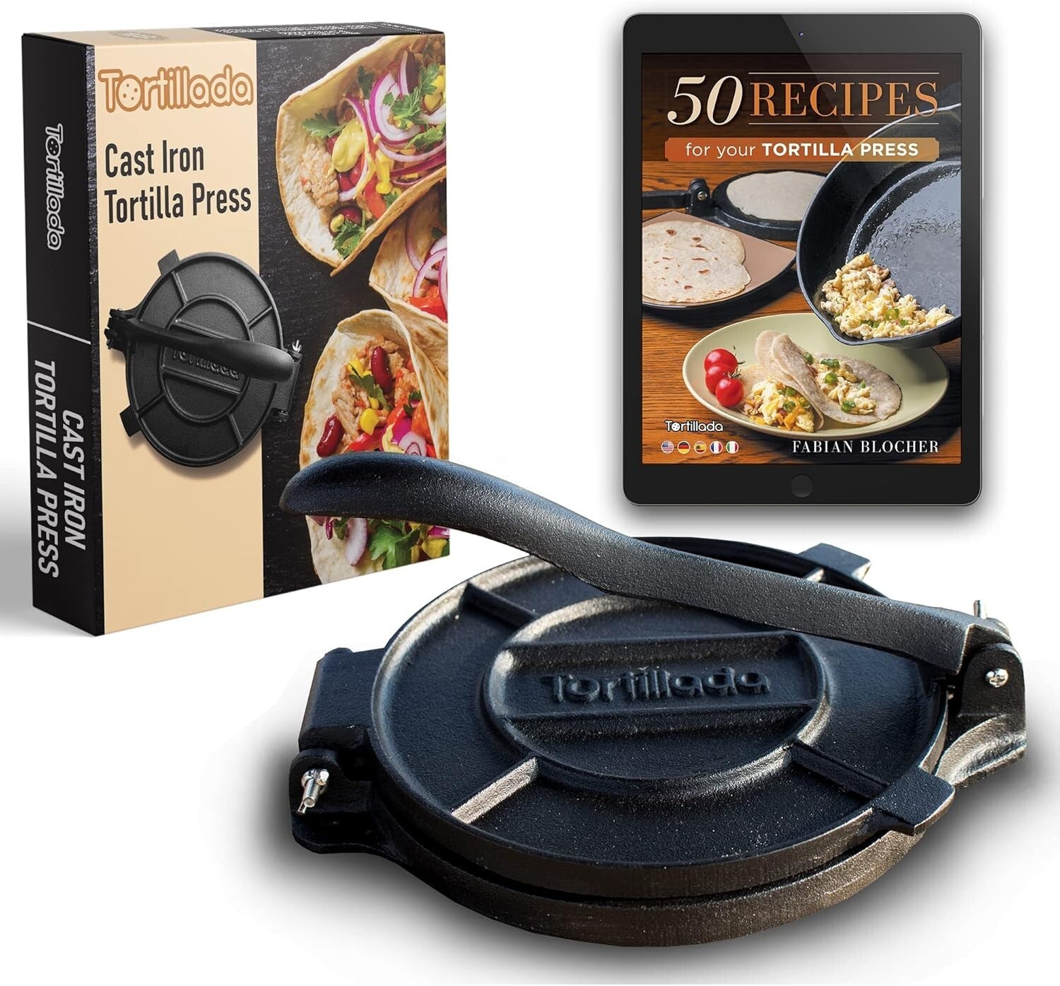 Versatile 12-Inch Cast Iron Tortilla Press + E-Book for Authentic Dishes