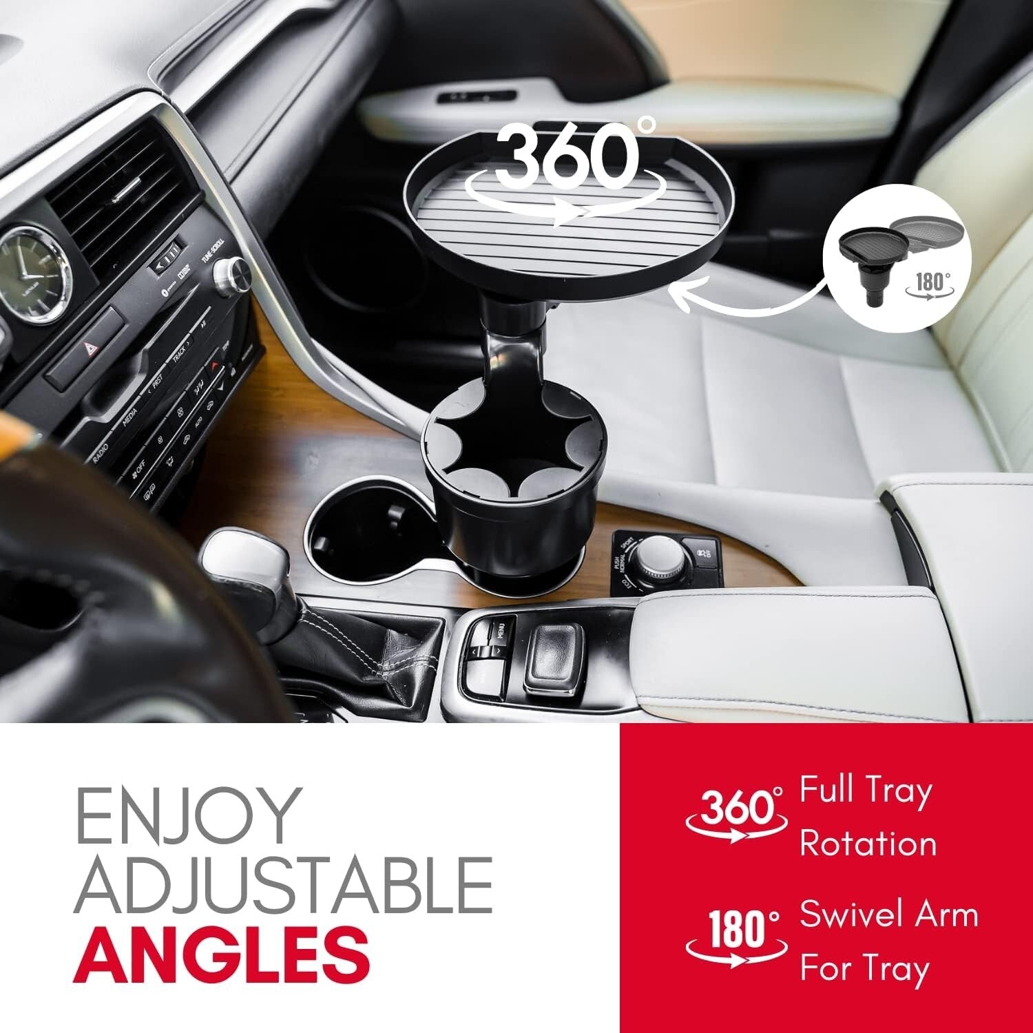 Car Cup Holder Extender with Food Tray and Phone Slot - 360° Rotating Design