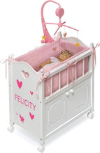 Load image into Gallery viewer, Heirloom Wooden Doll Bed with Storage &amp; Musical Mobile, Personalized Kit - 22in