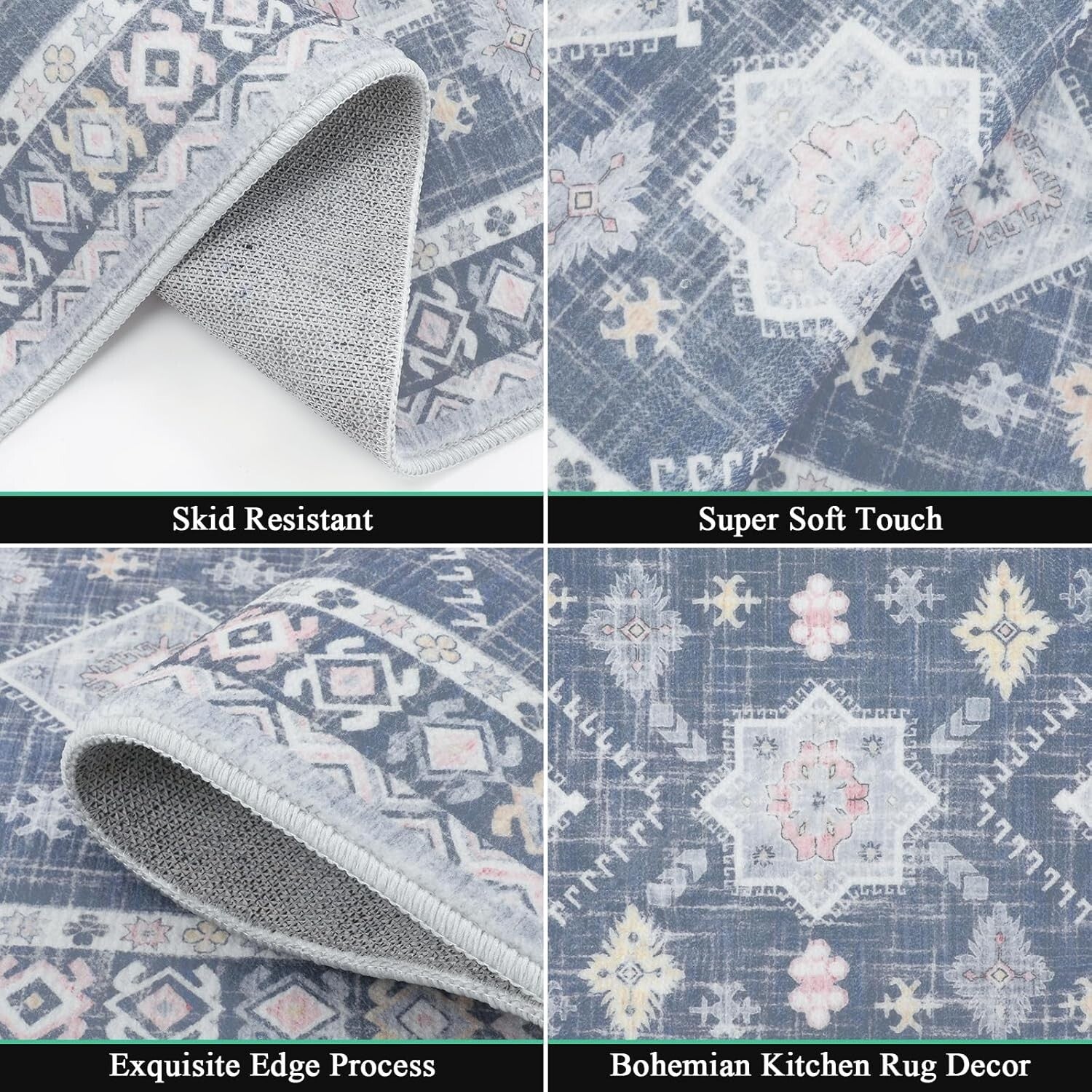 Durable Floral Kitchen Rug Set - 3-Piece with Machine Washable Runner for Safety