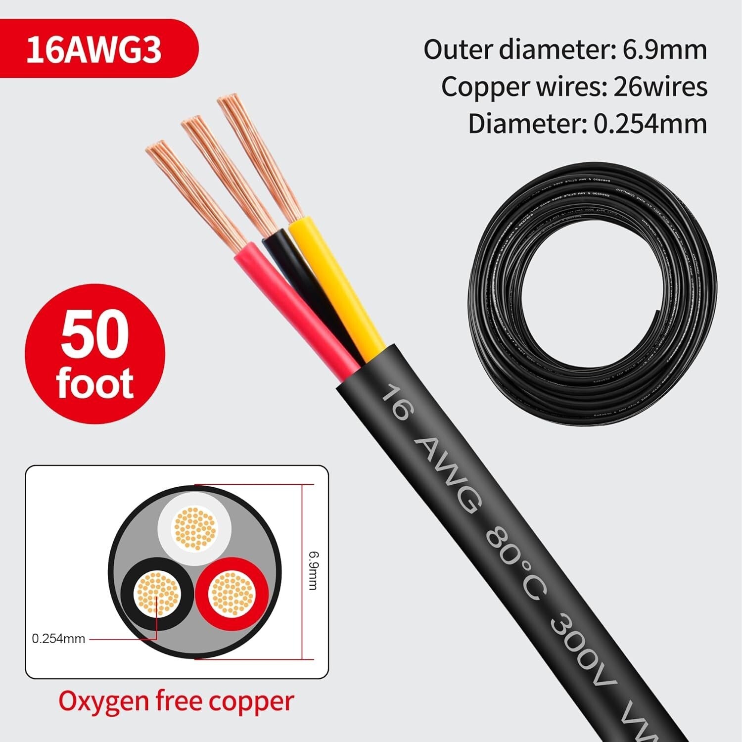 50FT 16 Gauge 3 Conductor Oxygen-Free Copper Cable for LED & Automotive Use