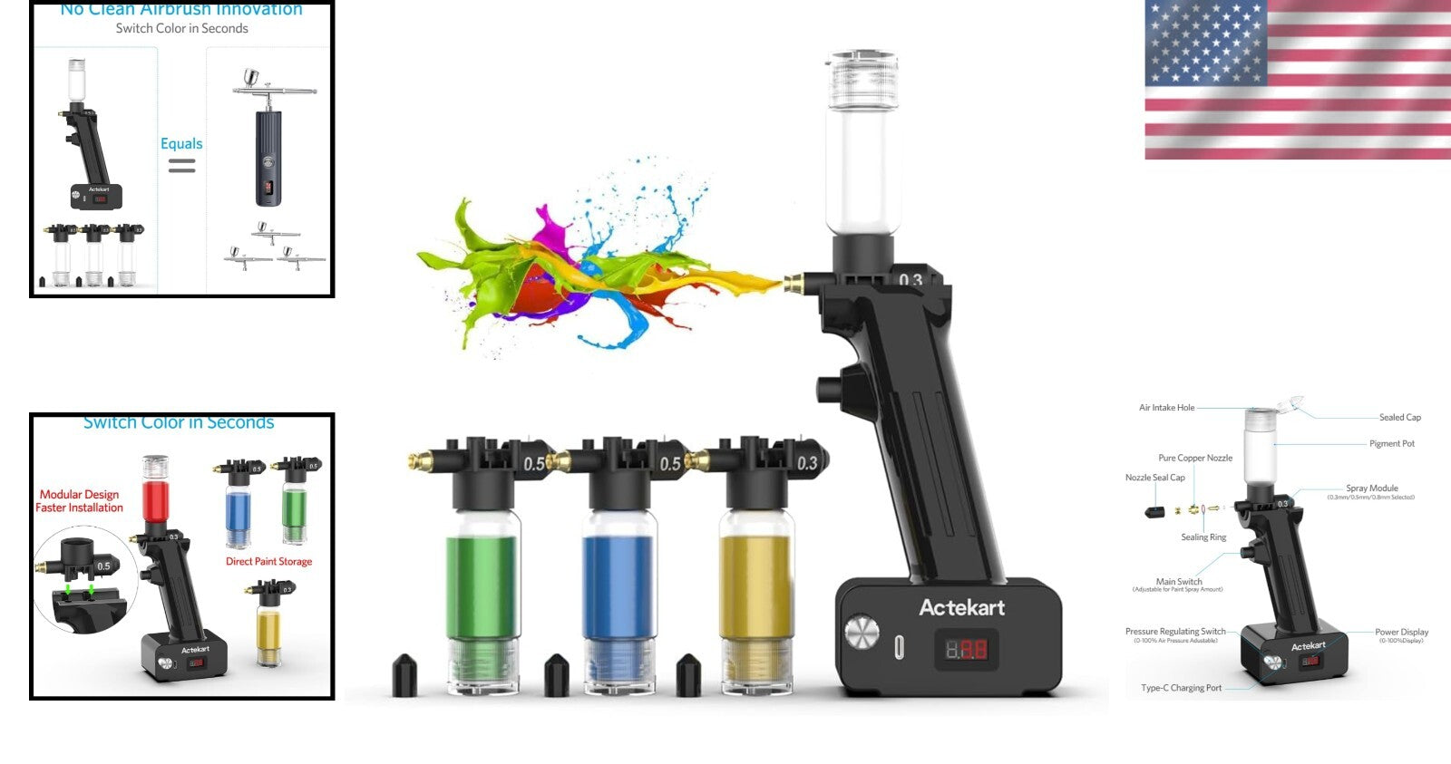 Adjustable Air Pressure Cordless Airbrush - 4 Modular Tips for Versatile Use