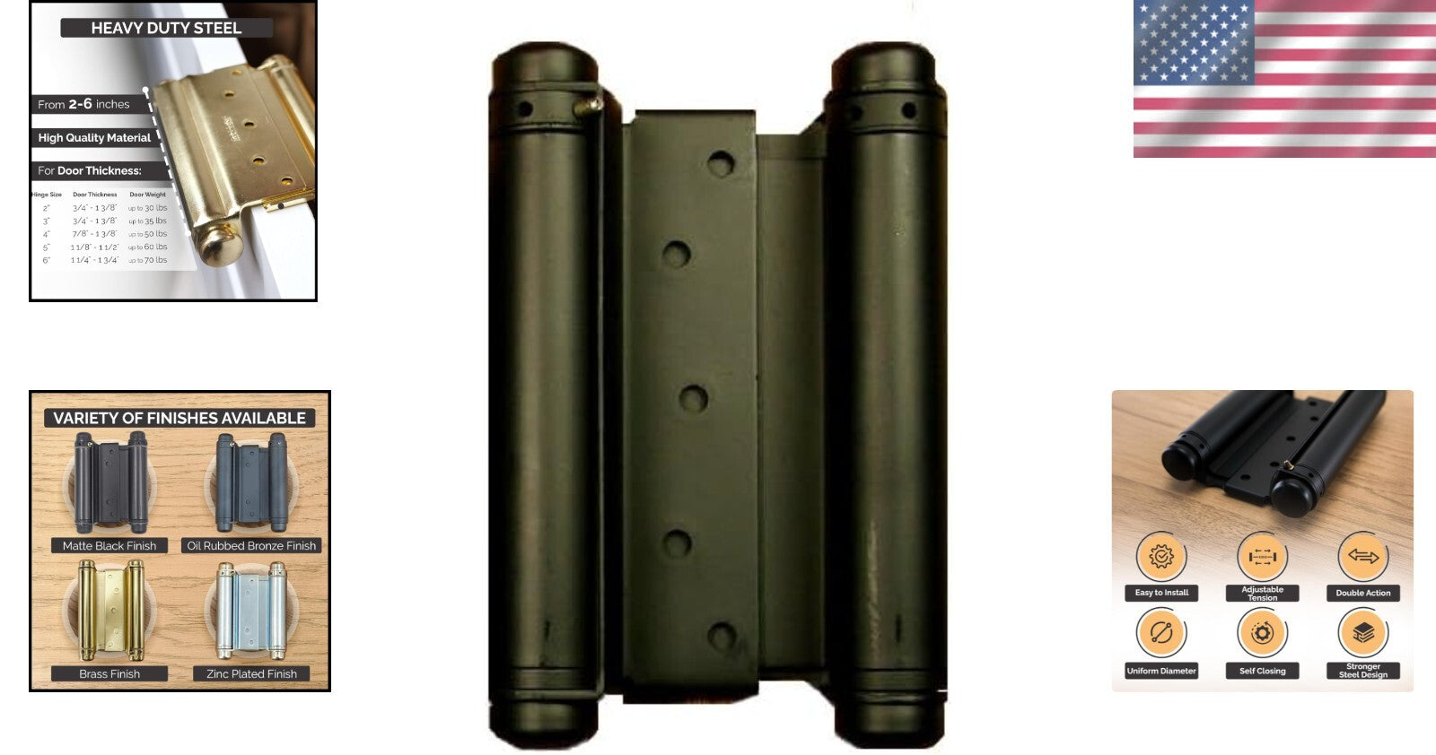 6-Inch Rust-Resistant Double Action Spring Hinge - Matte Black, 70 lb Capacity