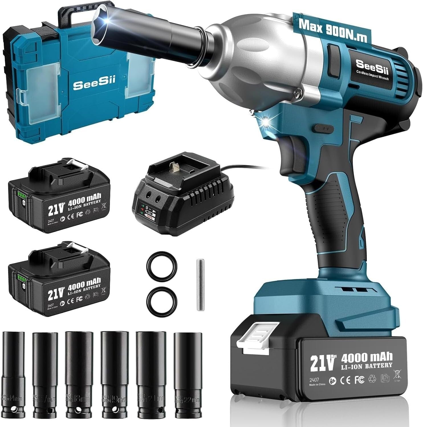 Electric Impact Wrench 21V with 2 Batteries, Case, and 6 Impact Sockets Included