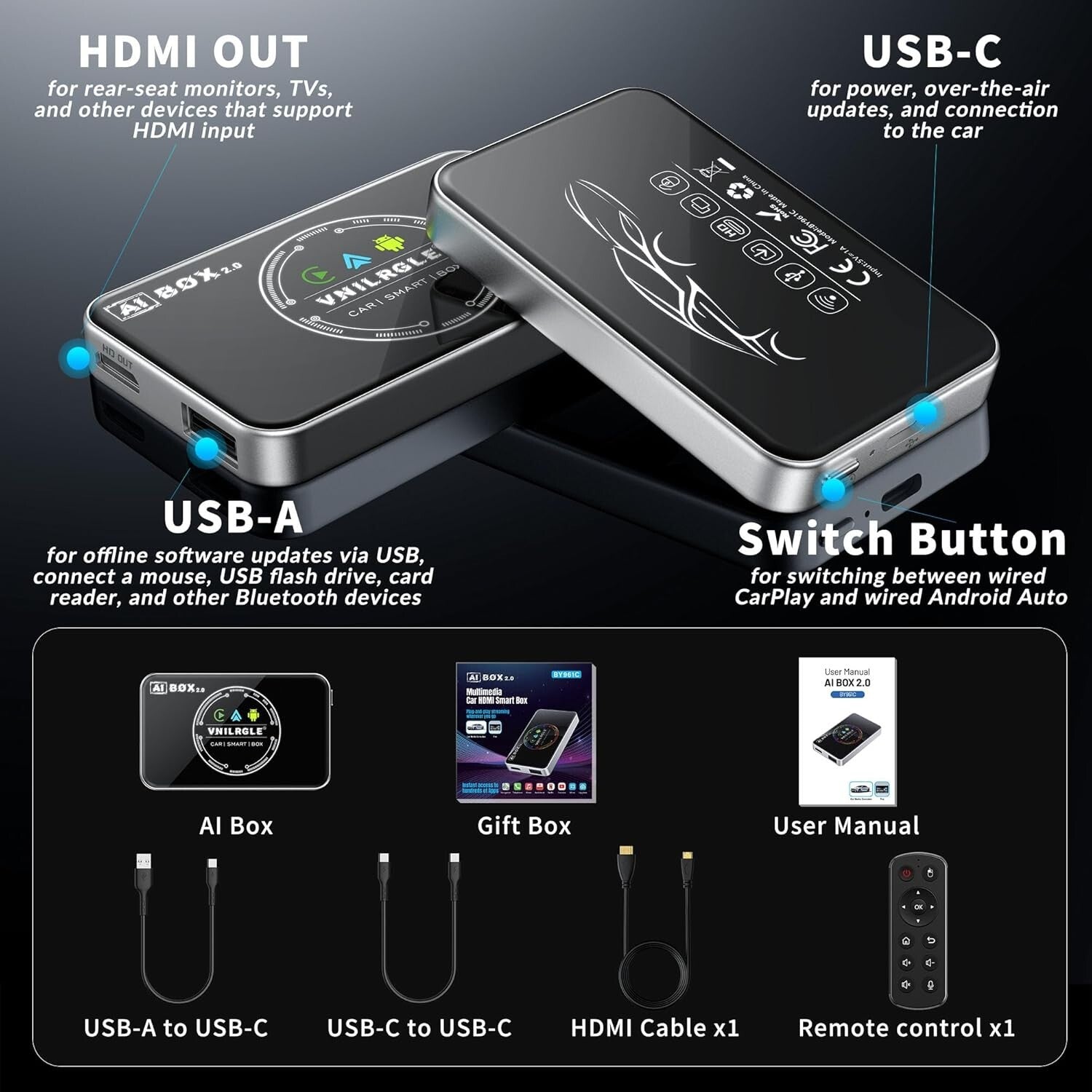 Seamless Streaming Wireless Adapter for CarPlay & Android Auto - Remote Included