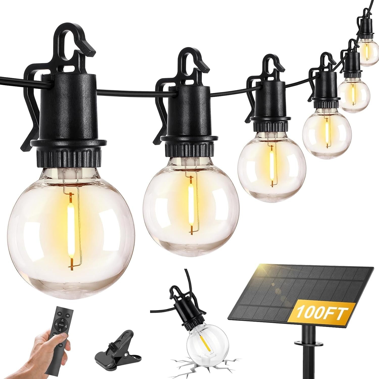 100FT Solar Outdoor String Lights - 30 Shatterproof Edison Bulbs, Remote Control