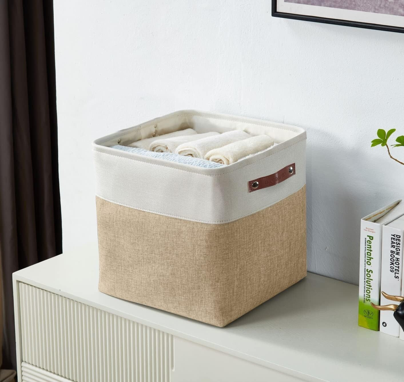 Durable 13 Inch Cube Storage Bins - Beige & White - Perfect for Organizing
