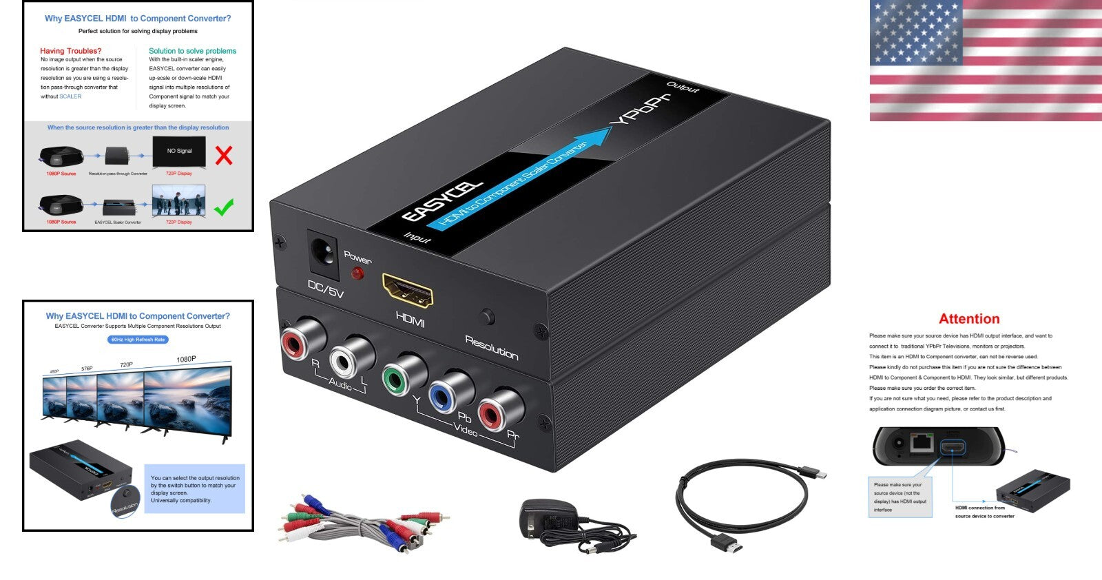 1080P HDMI to Component Converter with Built-in Scaler and Cables Included