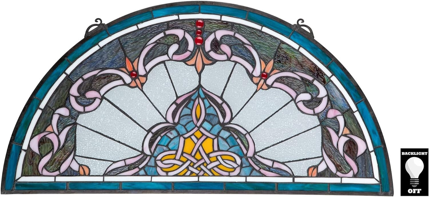 32-Inch Amethyst-Hued Demi-Lune Stained Glass Window Panel – Vintage Elegance