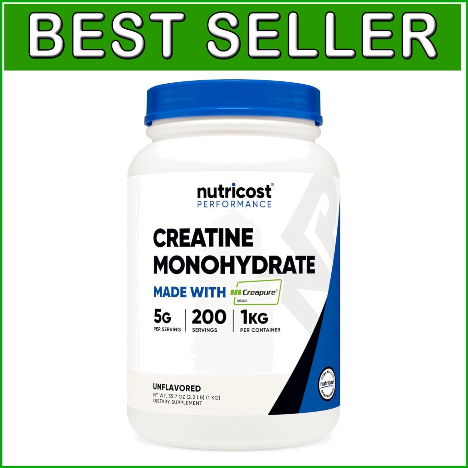 200 Servings of Unflavored Creapure Creatine Monohydrate Powder, 1KG Bottle
