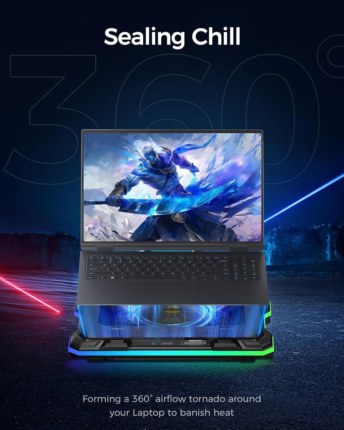 Gaming Laptop Cooling Pad with 5.5-Inch Fan & RGB Lights - Adjustable 8 Heights