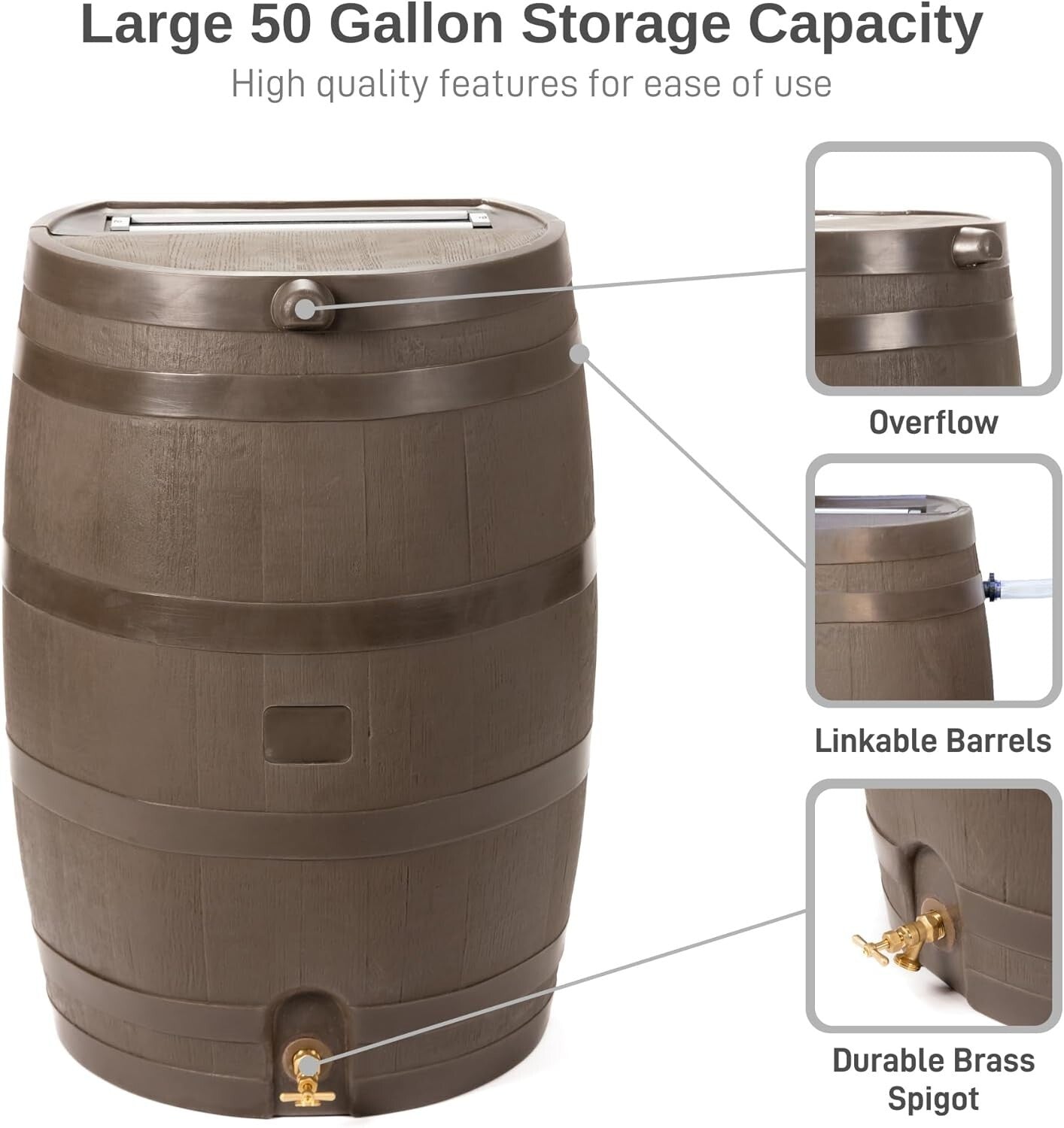 Elegant 50-Gallon Rain Barrel with Textured Finish & Efficient Overflow Valve