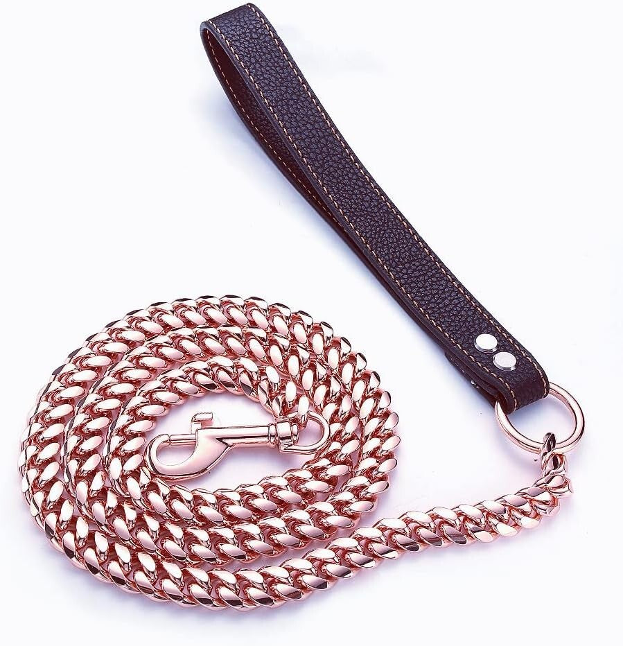 Rose Gold Chew Proof Dog Leash - Stylish 14MM Cuban Link - 3FT/4FT/5FT Options