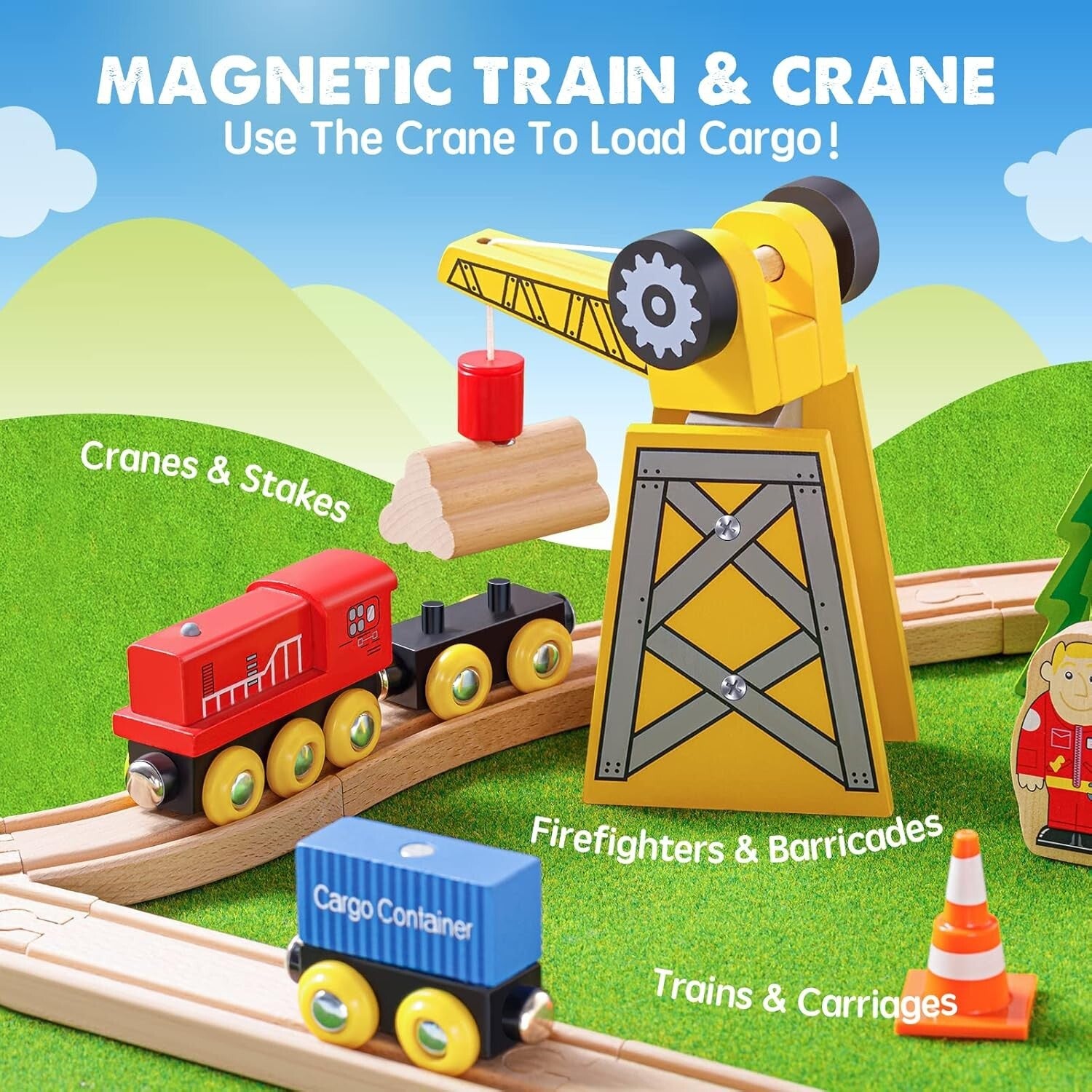 Premium Wooden Train Set - 55PCS with Accessories & Crane for Imaginative Play